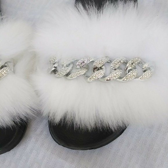 White Faux Fur Slides/Slippers/With Chain - Picture 3 of 6